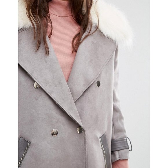 River Island Womens Suedette Coat Faux Fur Collar Double Breasted Gray Size 10 - Picture 4 of 11